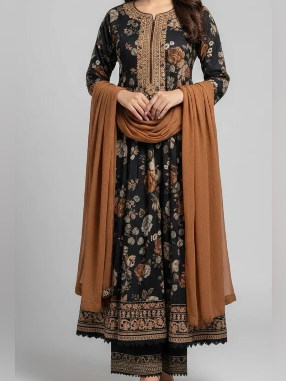 Women’s 3-piece Long Frock Style Lawn Fabric with Chiffon Dupatta